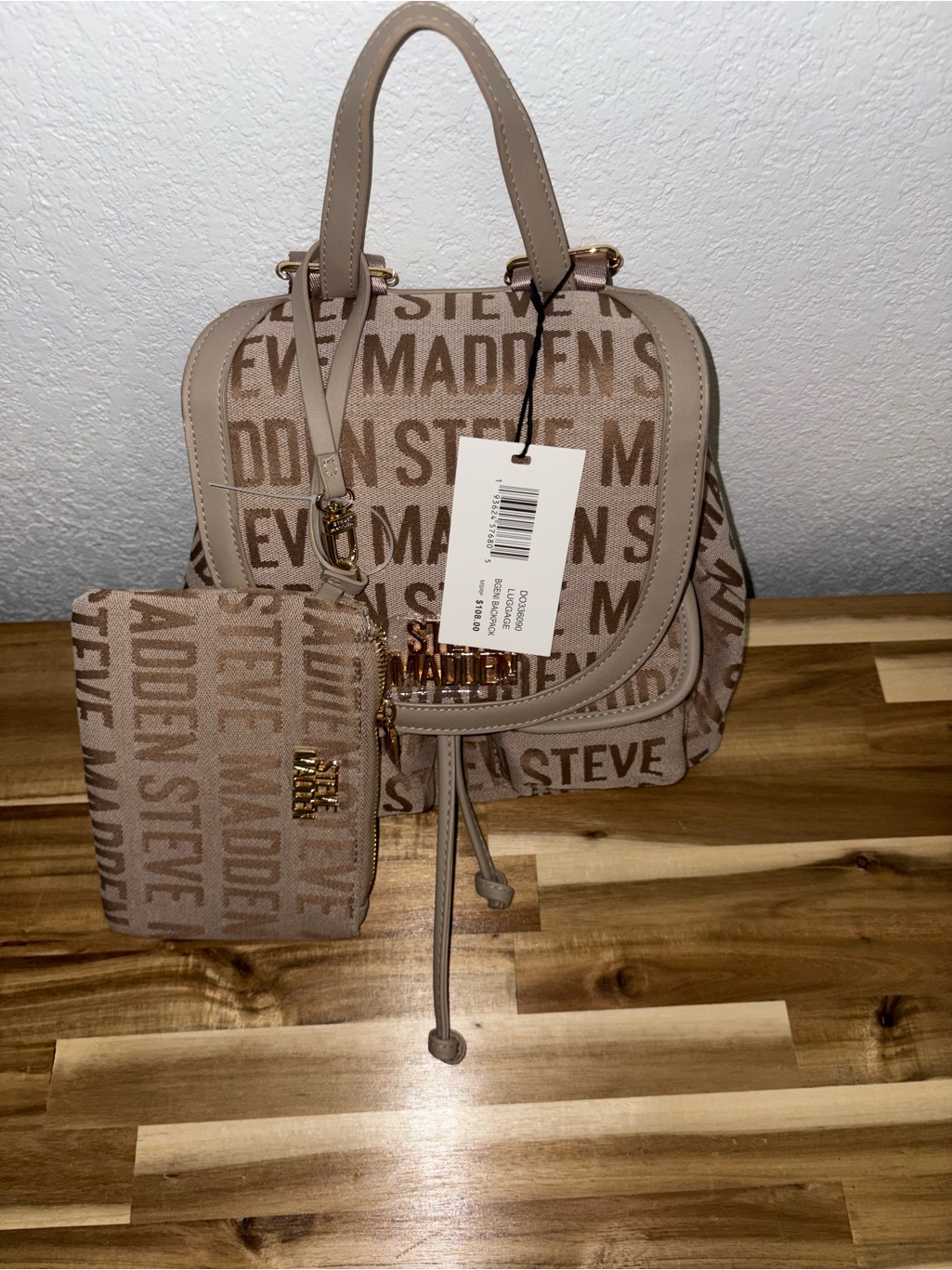 Steve Madden Taupe Logo Mini Backpack With Wristlet